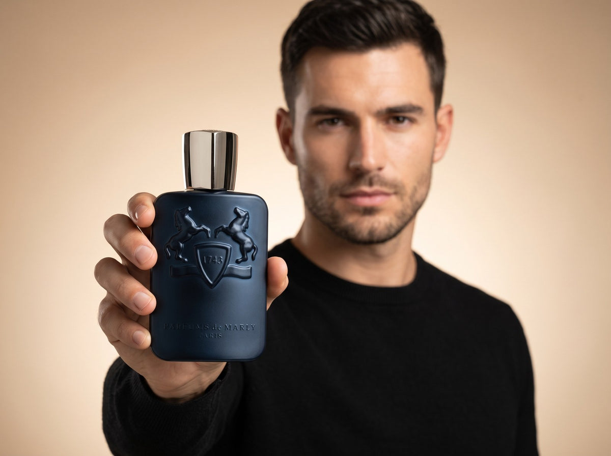 Herren-Parfumproben - Mann haelt Parfums de Marly Layton Flakon in die Kamera