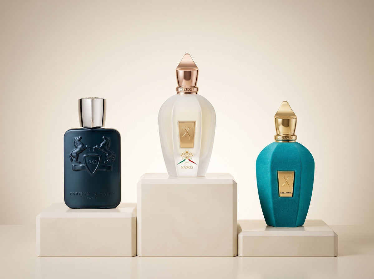 Bestseller-Parfumproben - die drei meistverkauften Flakons auf einem Podest