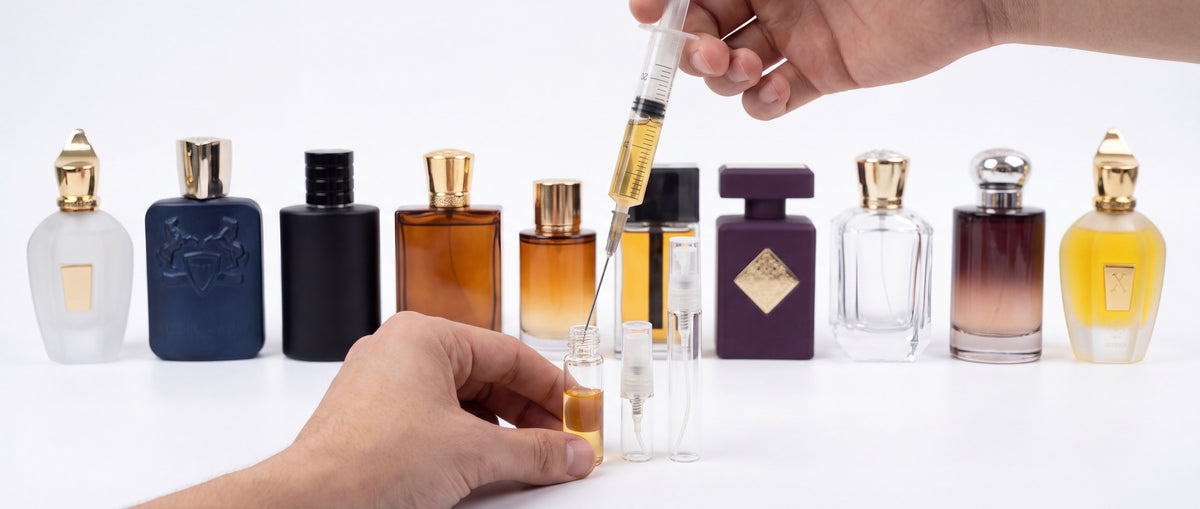 Reihe von Luxus-Parfumflakons, davor wird eine 2-ml-Duftprobe mit einer Spritze abgefüllt